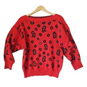 MONDI Vintage Braided Trim Drop Shoulder Red Black Paisley Boatneck Sweater 38‎